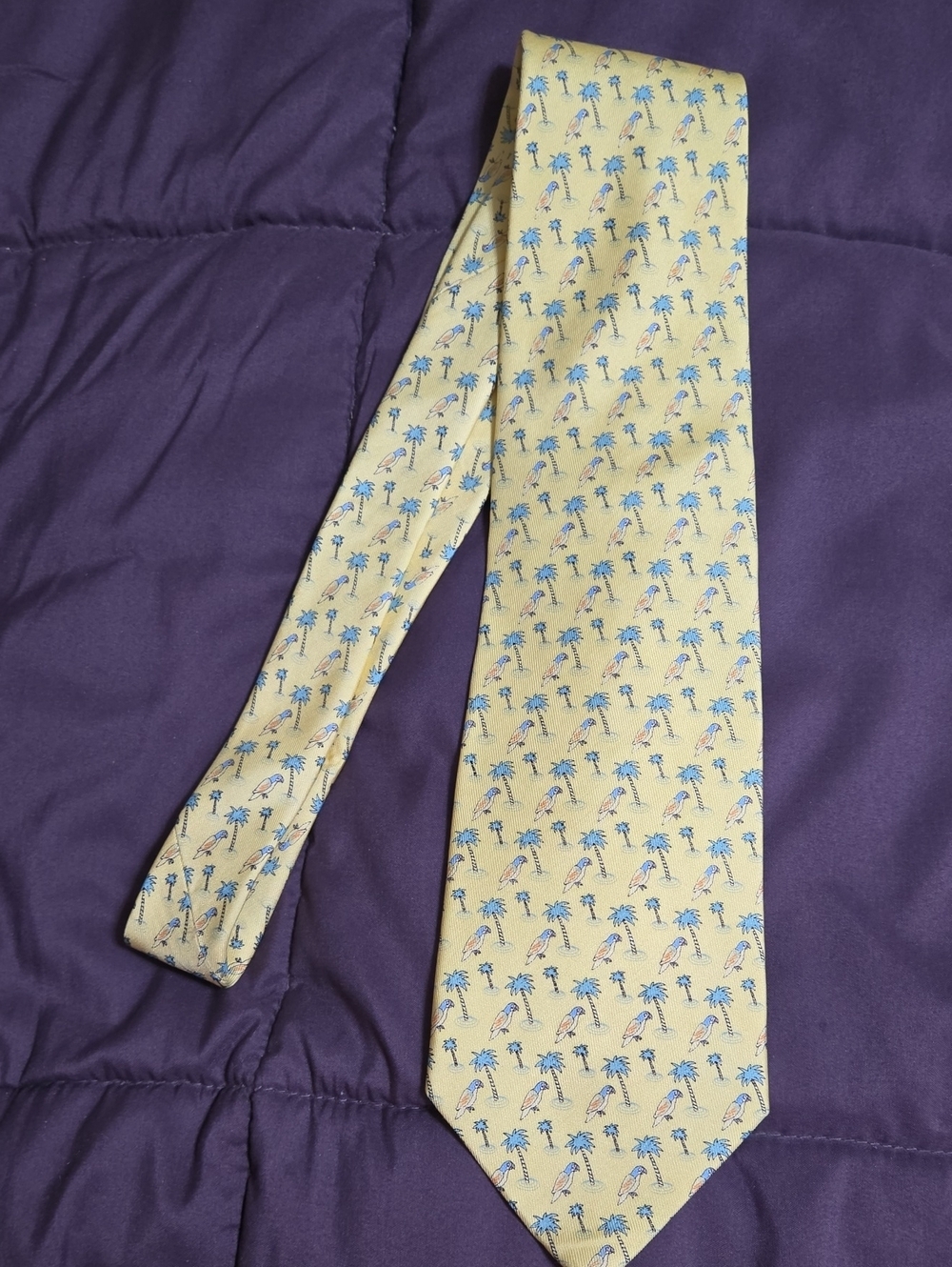 Vineyard Vines Yellow Tie with Blue Palm & Parrot Novelty Print 100% Silk